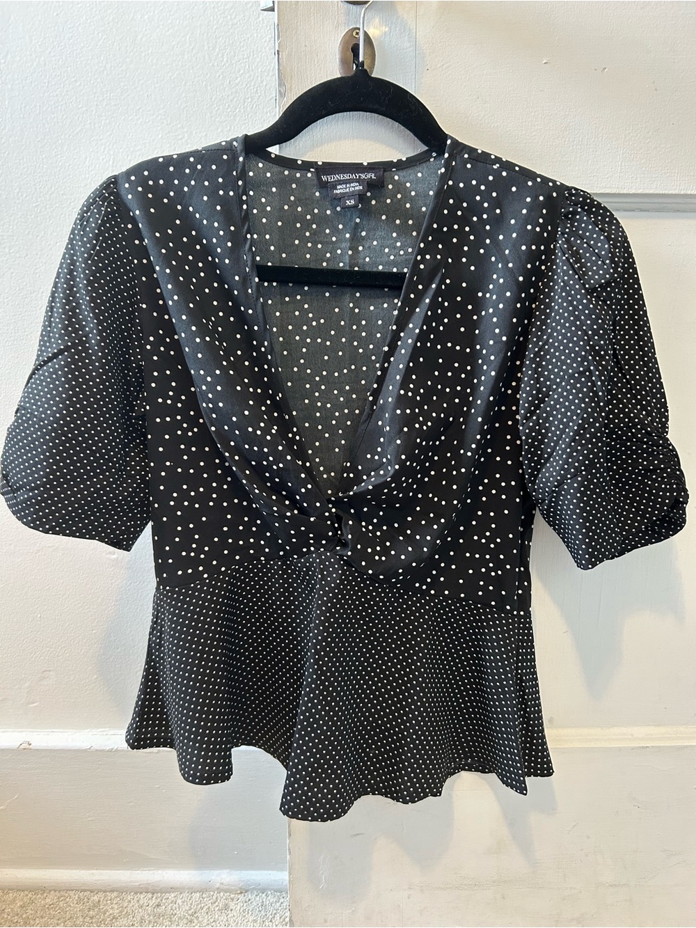 Wednesday's Girl Black Polka Dot V-Neck Peplum Blouse